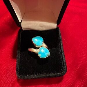 Genuine Turquoise Ring Sterling Silver 925 Wrap Around Bypass. Size 6 To 8
